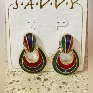 Vintage SAVVY Statement Earrings | Bold Red, Green, Blue & Gold Enamel Hoops